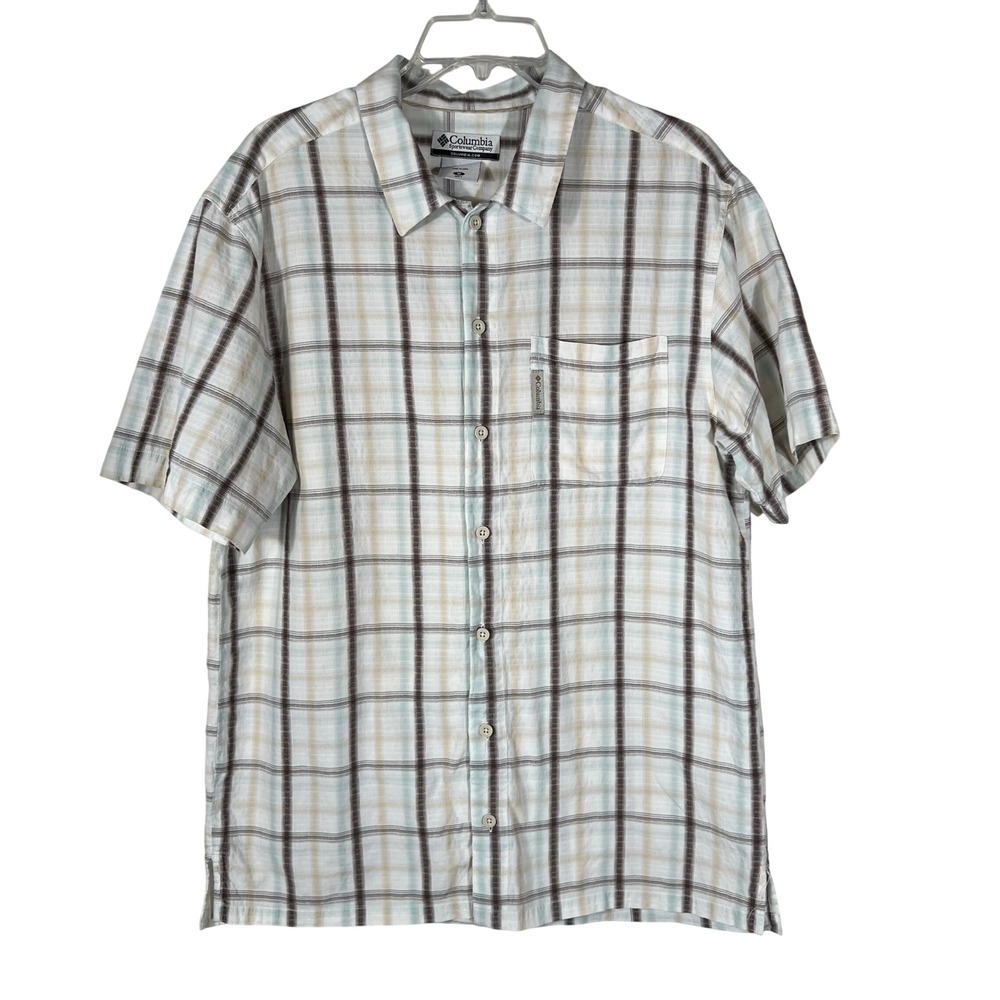 Columbia Mens‎ Plaid Short Sleeve Button Up Shirt Brown Blue White Cotton Size M